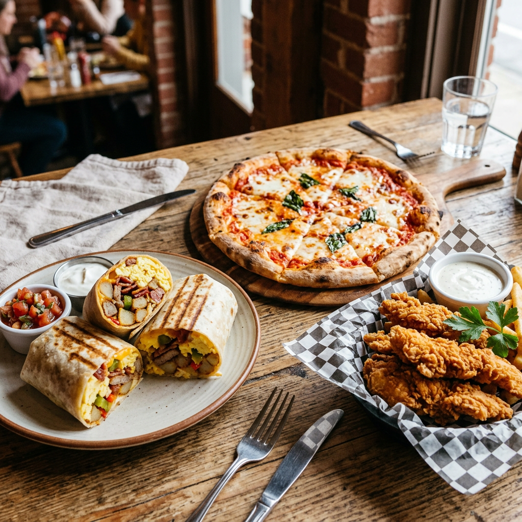 Pizza, breakfast burritos, and crispy chicken tenders on a wooden table